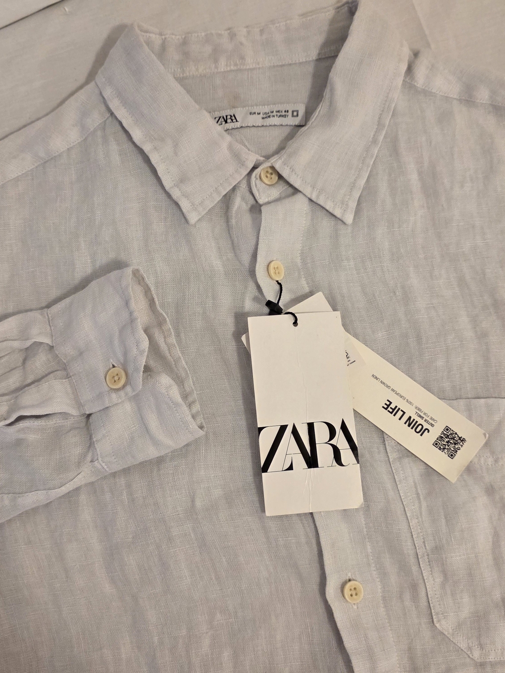 NWT Zara Linen Long Sleeve Shirt Ivory Medium Length 28" Pit To Pit 21" Unisex